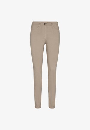 Slim-fit beige women's pants with front and back pockets, belt loops, and a button closure.