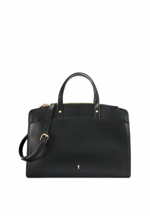 Czarna skórzana torebka z dwoma uchwytami, odpinanym paskiem na ramię z złotą klamrą oraz małym złotym logo na środku przodu.