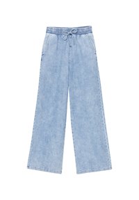 Pantalones anchos de mezclilla en azul claro con cintura ajustable. Presenta dos bolsillos laterales y un diseño de corte recto.