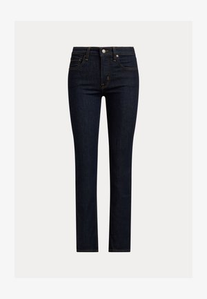 Jean bleu foncé à jambes droites, fermeture à boutons à l'avant, style cinq poches avec coutures contrastées jaunes.