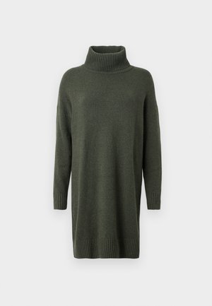 Maglione a collo alto di colore verde scuro, lavorato a maglia, con vestibilità ampia, maniche lunghe e polsini e orlo a coste. Texture morbida e lunghezza a metà coscia.