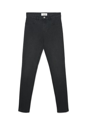 Jeans skinny neri in denim con una texture liscia. Presentano un bottone frontale, chiusura con cerniera e cinque tasche con dettagli di cucitura minima.