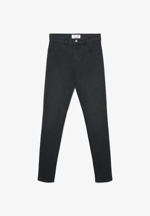 Czarne dopasowane jeansy wykonane z denimu o gładkiej fakturze. Posiadają przedni guzik, suwak, oraz pięć kieszeni z minimalnymi detalami szwów.