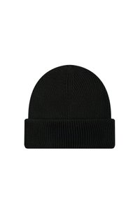 Berretto in maglia nera con texture a coste e risvolto. Il design è semplice con una corona liscia e senza ulteriori decorazioni.