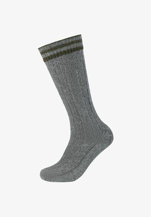 Grå ribbede sokker med en mørkere grøn stribet kant, lavet af tekstureret strikkemateriale, der tilbyder en komfortabel pasform.