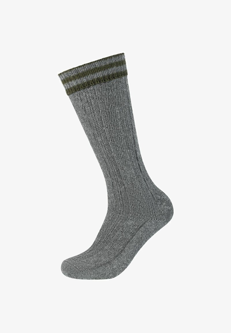 Grå ribbede sokker med en mørkere grøn stribet kant, lavet af tekstureret strikkemateriale, der tilbyder en komfortabel pasform.