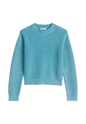 Hellblauer, gerippter Langarmpullover mit Rundhalsausschnitt und enganliegenden Bündchen, kurzem Saum und kleinem Markenlabel innen am Kragen.