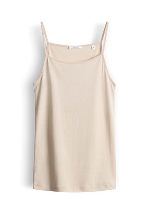 Beige sleeveless camisole with thin straps and a straight neckline, displayed against a white background.
