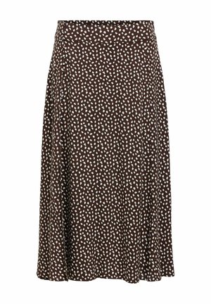 Jupe midi marron avec motif de points blancs irréguliers, coupe en A et taille ajustée, présentée sur fond blanc.