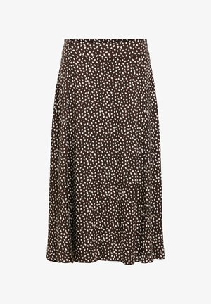 Brun midi nederdel med hvidt uregelmæssigt prikkemønster, A-formet snit og tætsiddende talje, vist på hvid baggrund.