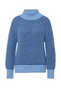 Blauwe gebreide trui met lichtblauwe col, manchet en zoom, voorzien van een textuurpatroon van afwisselend donkerblauwe en lichtblauwe garen.