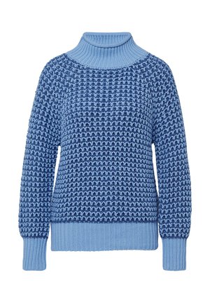 Pull en tricot bleu avec un col roulé, des poignets et un ourlet bleu clair, présentant un motif texturé de fils de laine bleu foncé et bleu clair alternés.
