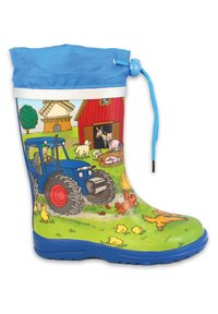 Kinderregenlaars met een blauwe bovenkant, een groene onderkant met boerderijscènes en een trekkoordsluiting, ontworpen voor buitengebruik.