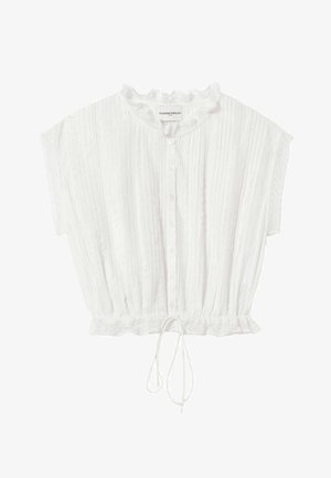 Blouse blanche à manches courtes avec col à volants, boutonnage devant, rayures verticales texturées et taille ajustable avec cordon de serrage.