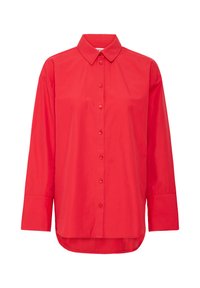Camisa de algodón roja de botones con cuello clásico, mangas largas y dobladillo redondeado. Presenta una textura suave y siete botones a juego.