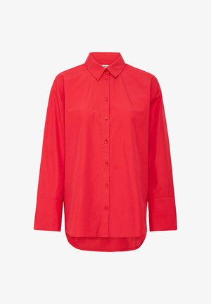 Camisa de algodón roja de botones con cuello clásico, mangas largas y dobladillo redondeado. Presenta una textura suave y siete botones a juego.