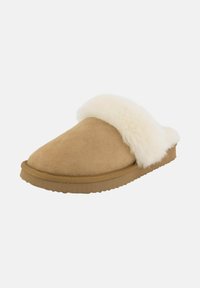 Tan slipper van suede met een zachte crèmekleurige faux fur rand. Heeft een ronde vorm en een gestructureerde rubberen zool voor grip.