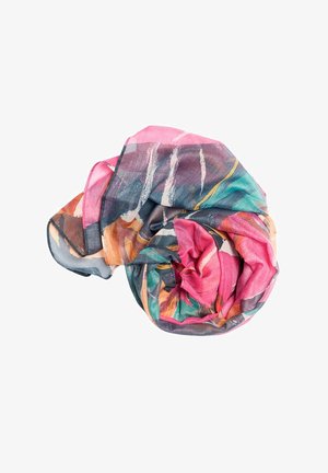 Kerge sall, mis on rullitud, millel on abstraktsed mustrid roosas, türkiissinis, oranžis ja hallis pehmel, läbipaistval kangal.