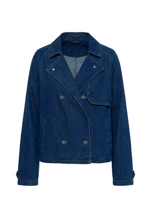 Dunkelblaue Jeansjacke mit doppelreihigen Knöpfen, breitem Revers, langen Ärmeln und zwei Seitentaschen, dargestellt auf weißem Hintergrund.