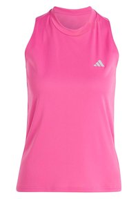 Top atlético sin mangas en mezcla de poliéster de un vibrante color rosa, con cuello redondo y un pequeño logotipo blanco en el lado izquierdo del pecho. Textura suave.