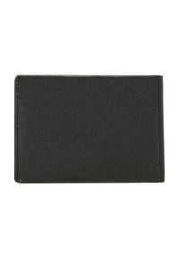 Czarny skórzany portfel o gładkiej fakturze, prostokątnym kształcie, zaokrąglonych krawędziach i minimalnych detalach szycia. Brak widocznych akcesoriów lub wzorów.