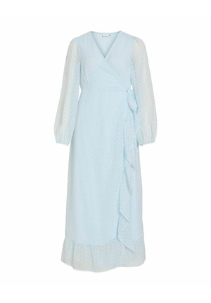 Robe portefeuille midi bleu clair à manches longues avec encolure en V, tissu texturé à pois, ourlet à volants et détail noué à la taille.