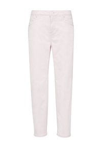 Jasnoróżowe dżinsy bawełniane z prostą nogawką, z przednimi kieszeniami i zapięciem na guzik. Gładka tekstura, minimalne detale z metalowymi elementami.