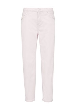 Jasnoróżowe dżinsy bawełniane z prostą nogawką, z przednimi kieszeniami i zapięciem na guzik. Gładka tekstura, minimalne detale z metalowymi elementami.