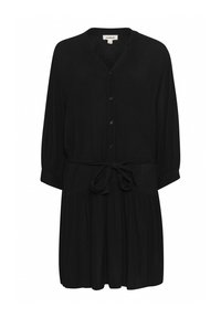 Schwarzes Kleid aus leichtem Stoff mit V-Ausschnitt, Knopfleiste, dreiviertelärmeln, elastischem Bund und gebundenem Taillendetail.