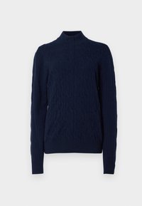 Granatowy sweter z wysokim dekoltem, ozdobiony wzorem w warkocze oraz ściągaczami przy rękawach i na dolnej krawędzi. Wykonany z teksturowanej tkaniny dla zapewnienia ciepła.