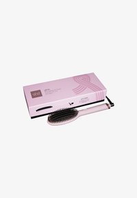 GHD Glide wygładzająca szczotka do włosów na gorąco z różową rączką, metalicznymi akcentami i czarnymi włosiem, zapakowana w dopasowane różowe pudełko.