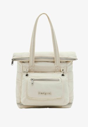 Beige gepolsterte Tragetasche mit zwei oberen Griffen, vorderer Reißverschlusstasche und Logodetail. Verfügt über Reißverschlüsse und strukturierte Akzente auf dem Material.