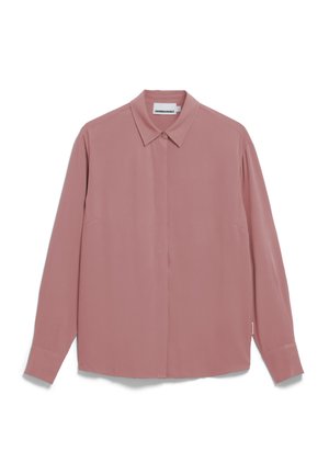 Long-sleeve blouse in rose pink, made of smooth fabric. Features a pointed collar, front button closure, and a relaxed fit.