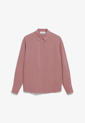 Long-sleeve blouse in rose pink, made of smooth fabric. Features a pointed collar, front button closure, and a relaxed fit.