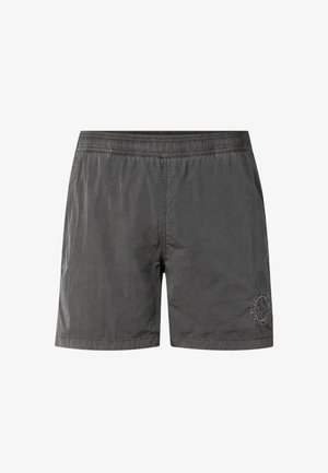 Dark gray men's swim shorts with elastic waistband and small stitched logo on bottom right leg side.