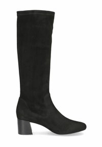 Bottes noires montantes en daim, avec un bout rond et un talon carré. Texture lisse avec des détails de couture minimaux.