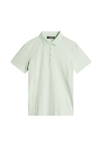 Hellgrünes Poloshirt aus strukturiertem Stoff, mit einem subtilen gewellten Muster, einer Drei-Knopf-Leiste und einem kleinen Logo auf der Brust.