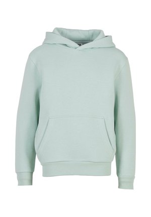 Hoodie vert menthe en mélange de coton doux, avec une poche frontale, des poignets côtelés et une capuche avec cordon de serrage, offrant une coupe décontractée.