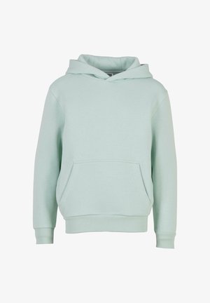 Miętowa bluza z kapturem wykonana z miękkiej mieszanki bawełny, z przednią kieszenią, prążkowanymi mankietami oraz ściągaczem w kapturze, charakteryzująca się luźnym krojem.