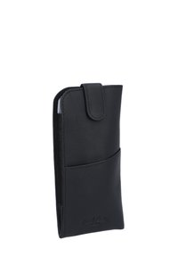 Schwarze Lederhandytasche mit glatter Textur, ausgestattet mit einer Vordertasche und einem Druckknopfverschluss. Das Design ist elegant und minimalistisch.