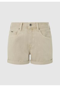 Pantalones cortos de mezclilla beige con puños doblados, cierre delantero con botón, dos bolsillos y detalles de textura sutil. No hay marcas visibles.
