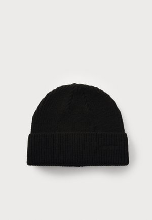 Black knitted beanie hat with a ribbed texture, fold-over cuff, and a seamless top. Material appears soft and warm, suitable for cold weather.