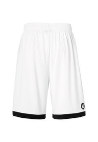 Pantaloncini sportivi bianchi con dettagli neri. Presentano una vita elasticizzata e un logo sulla parte inferiore della gamba destra. Tessuto leggero con una superficie liscia.
