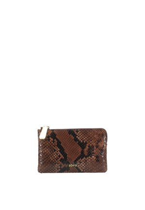 Brown snakeskin-patterned leather wallet with gold zipper and "abro" logo in gold lettering centered on front.