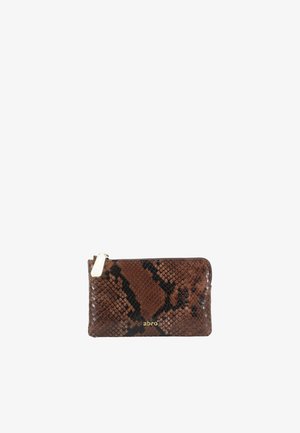 Brown snakeskin-patterned leather wallet with gold zipper and "abro" logo in gold lettering centered on front.