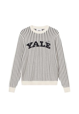 Cream sweater with navy vertical stripes. Features "YALE" in large navy letters across the chest. Ribbed neckline and cuffs.