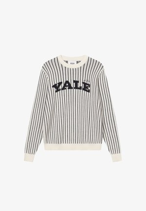 Cream sweater with navy vertical stripes. Features "YALE" in large navy letters across the chest. Ribbed neckline and cuffs.