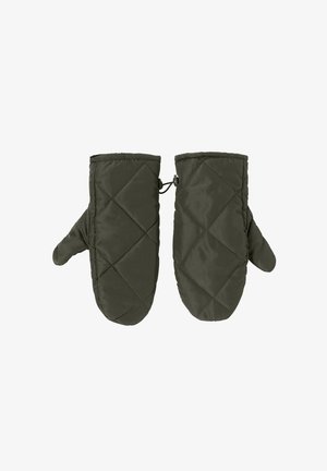 Quilted mittens in dark green, featuring a smooth fabric, thumb slot, and a cinched wrist for a snug fit.