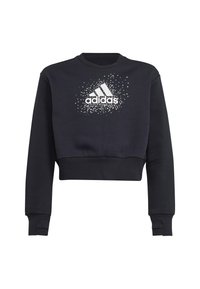 Sudadera negra recortada con cuello redondo, mangas largas y un diseño del logo de Adidas en blanco con un patrón salpicado en la parte delantera.
