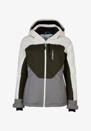 Talvitakki, jossa on huppu ja paneelit valkoisena, oliivinvihreänä ja harmaana, etuvetoketju, rintatasku ja O'Neill-logo rinnassa.